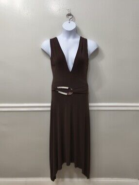 LA Brown Sleeveless Asymmetric V-neck Midi/Maxi Dress Buckle Size L Whimsgoth